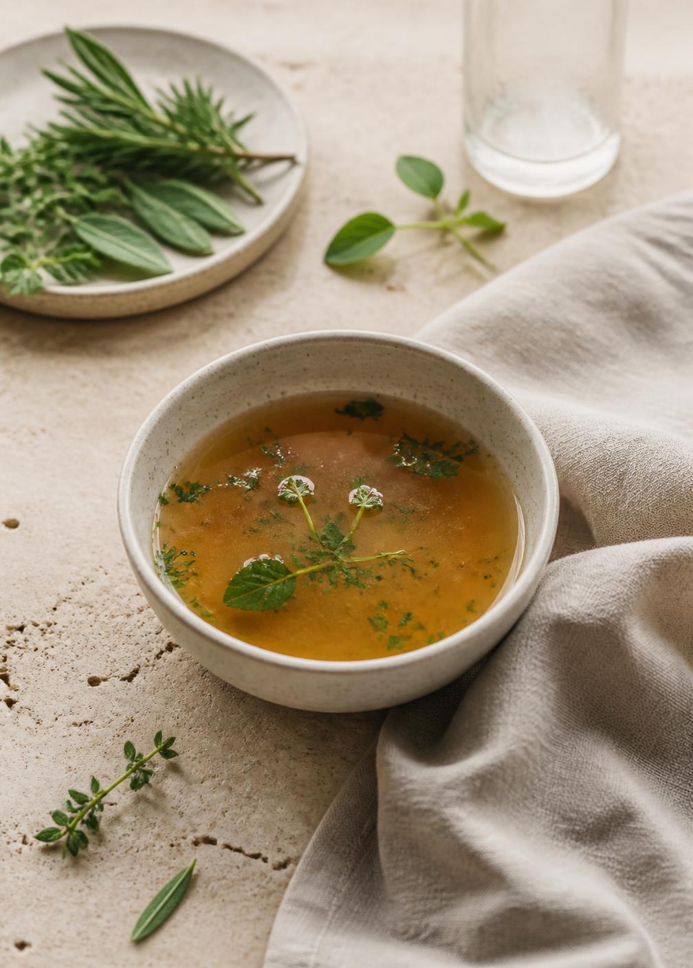 Clear herb broth in a speckled ceramic bowl beside fresh herbs and grey linen on travertine