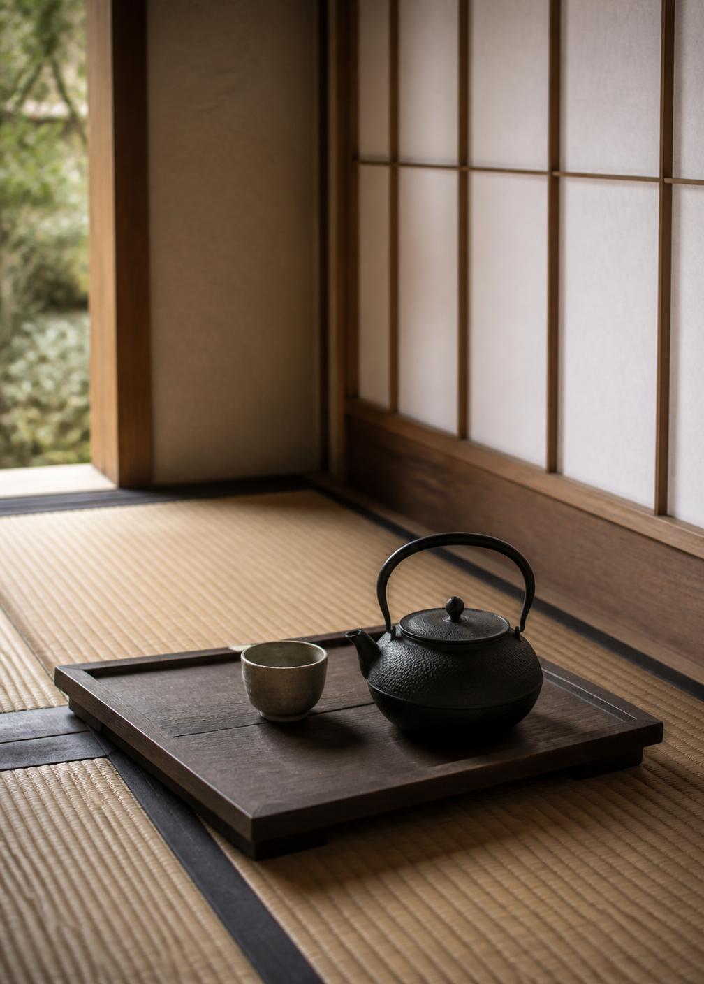 Cast iron kettle and a small ceramic cup on a dark tray set on tatami beside a paper screen
