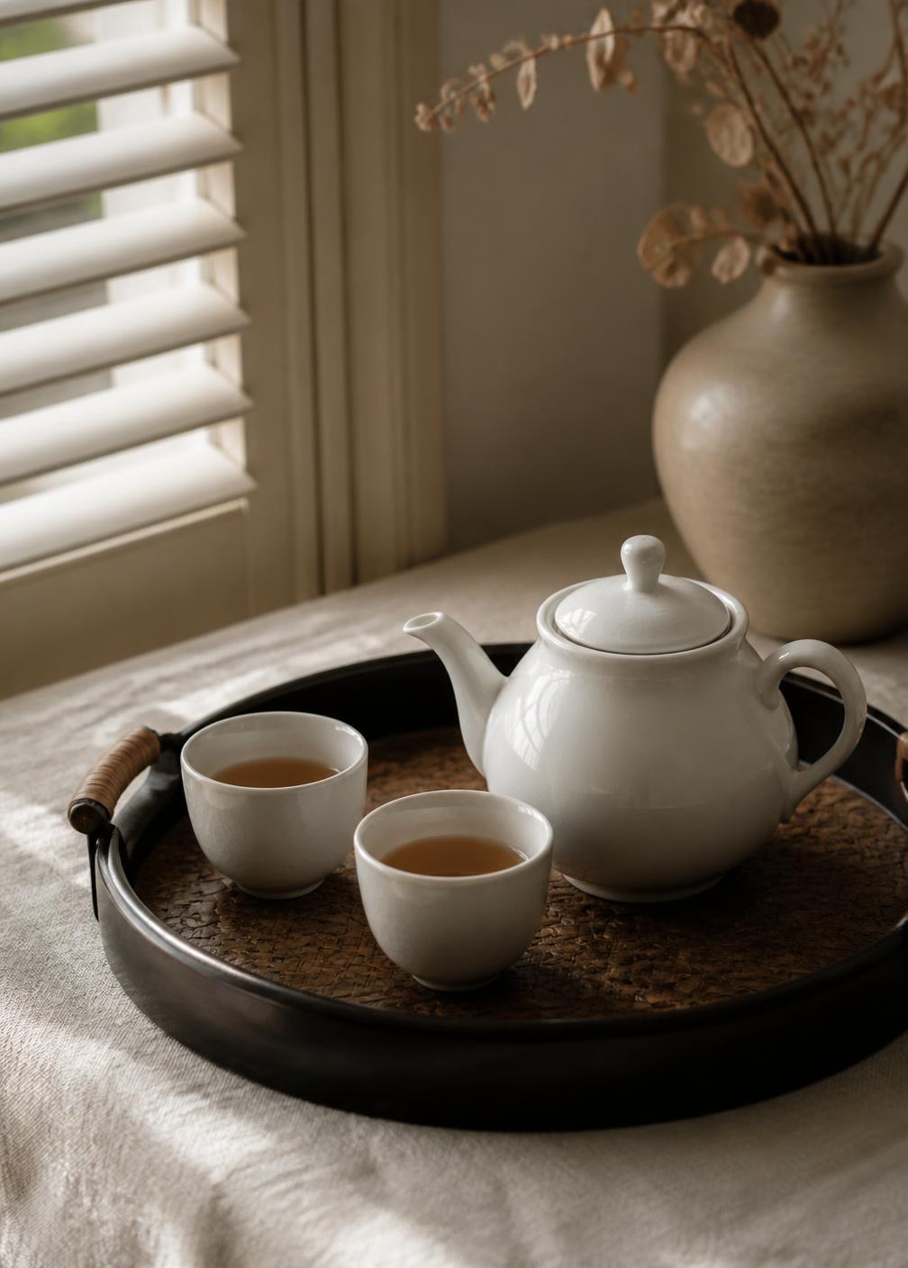 White porcelain teapot and two cups on a dark lacquer tray beside a shuttered window in morning light