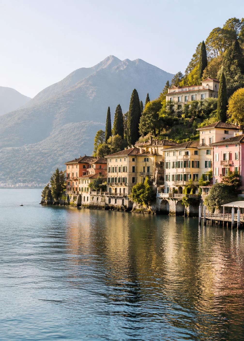 Pastel lakeside villas and hotels on Lake Como in soft morning light with cypress trees and water reflections