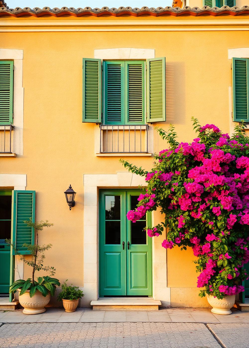 Honey-coloured Mallorcan facade with green shutters and bougainvillea in golden evening light