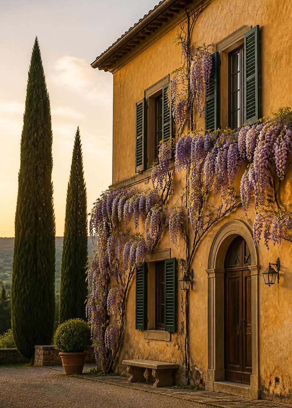 Honey-coloured Tuscan villa facade with green shutters and wisteria in warm evening light