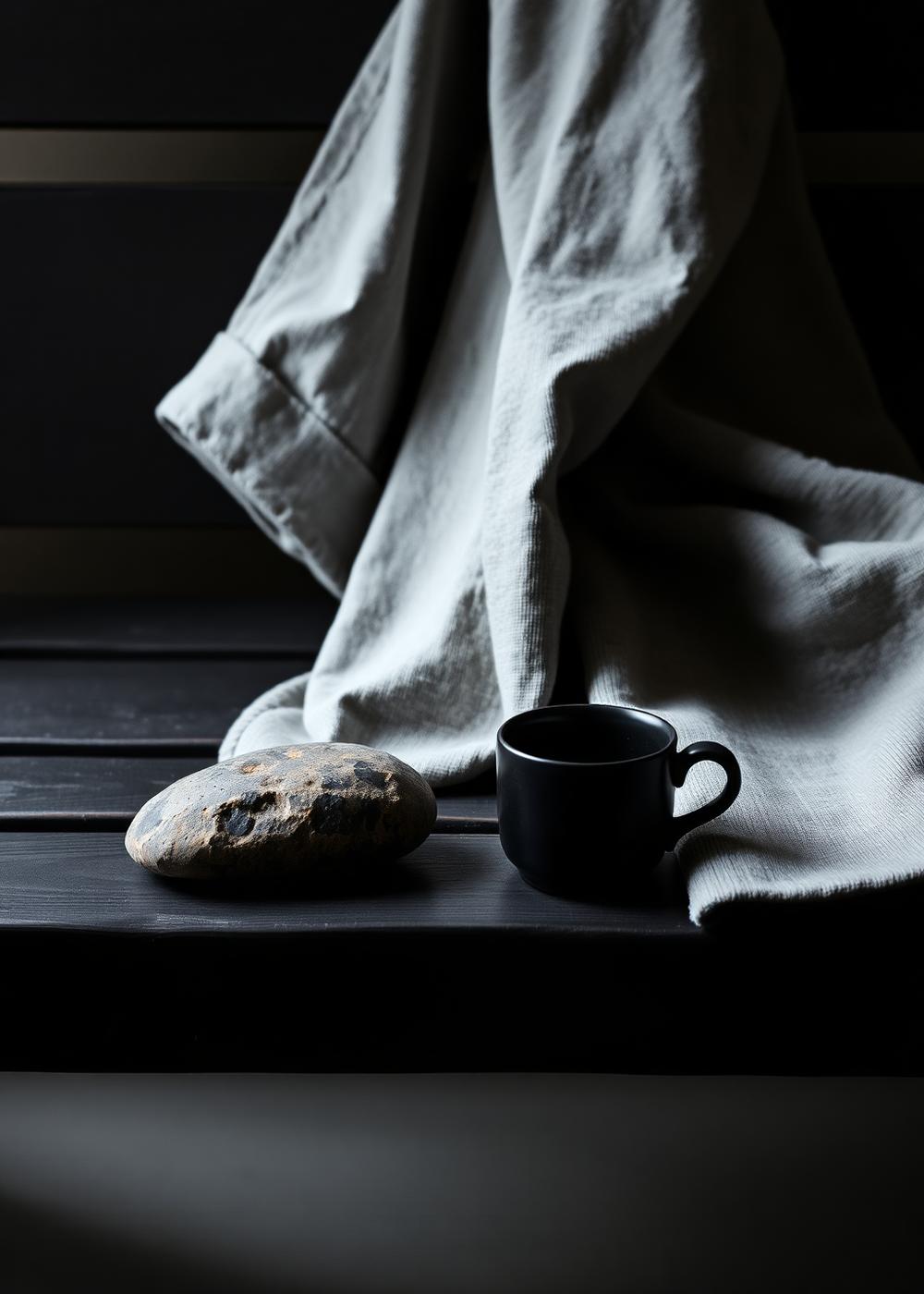 Folded grey linen robe, black ceramic cup and a river stone on a dark timber bench