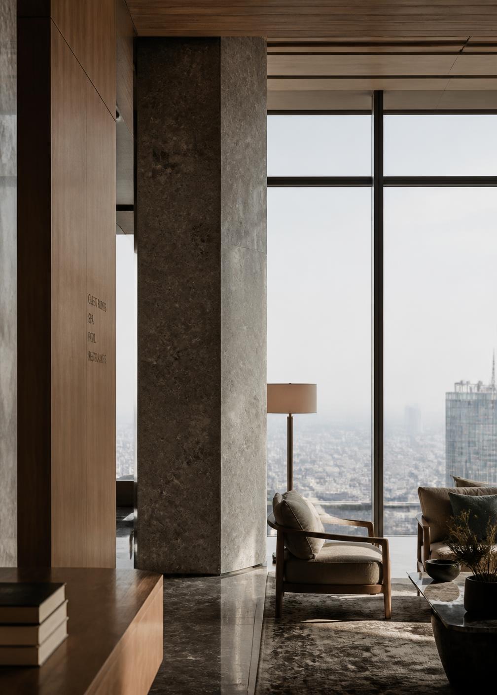 Minimalist urban hotel interior with stone, oak and soft winter light above a distant city