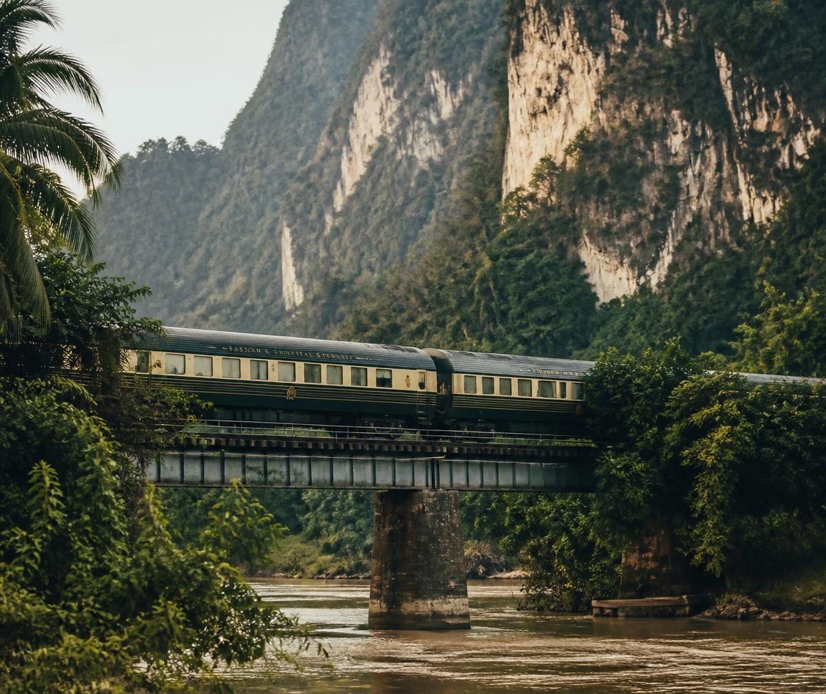 A green and cream vintage luxury train crossing an iron bridge over a jungle river beneath limestone cliffs in Malaysia