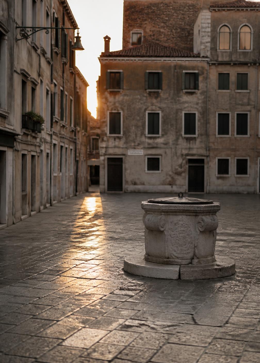 Empty Venetian campo at dawn with wet stone paving and a carved stone wellhead