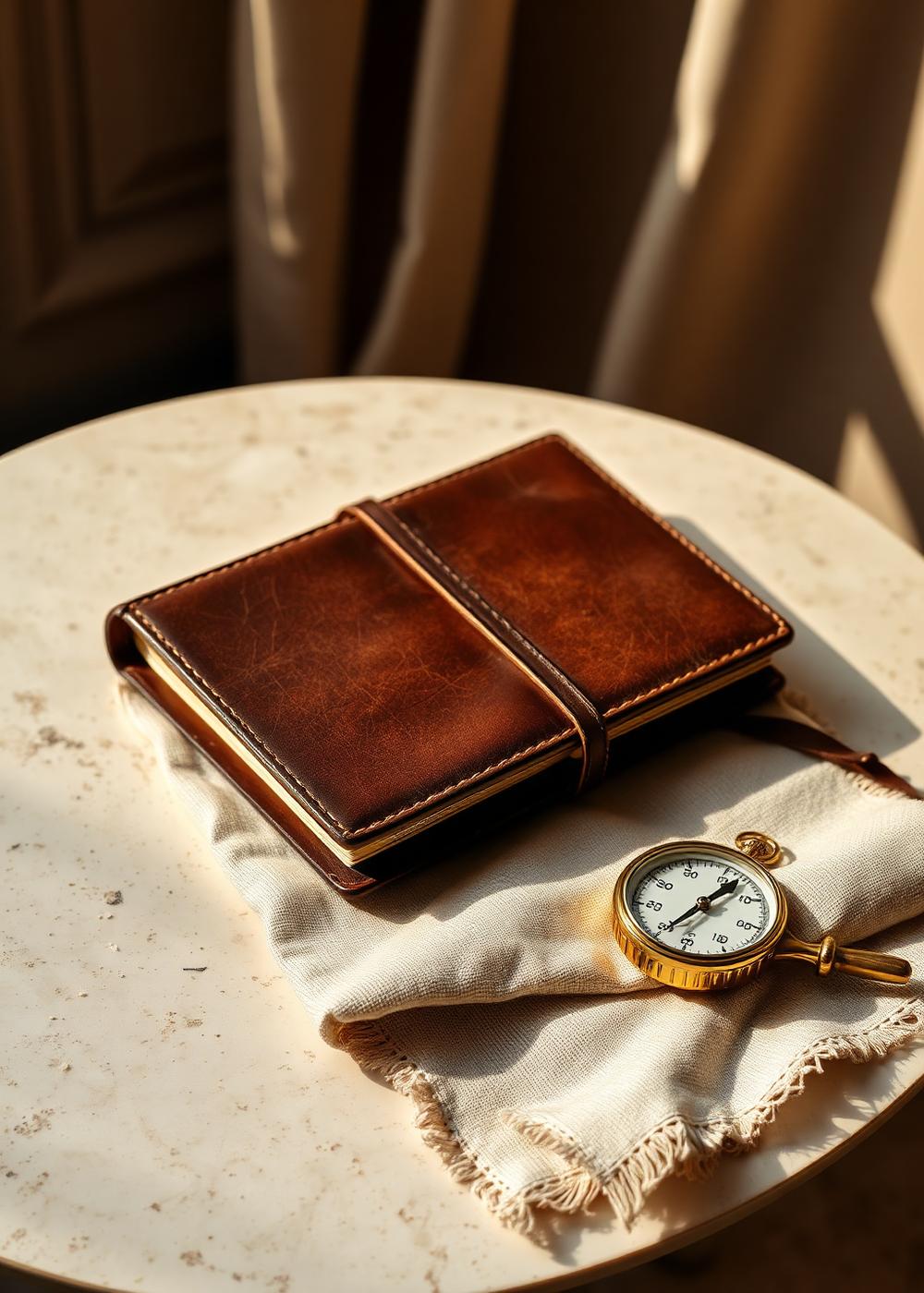 Worn leather journal, brass compass and linen cloth on a pale travertine table in warm light