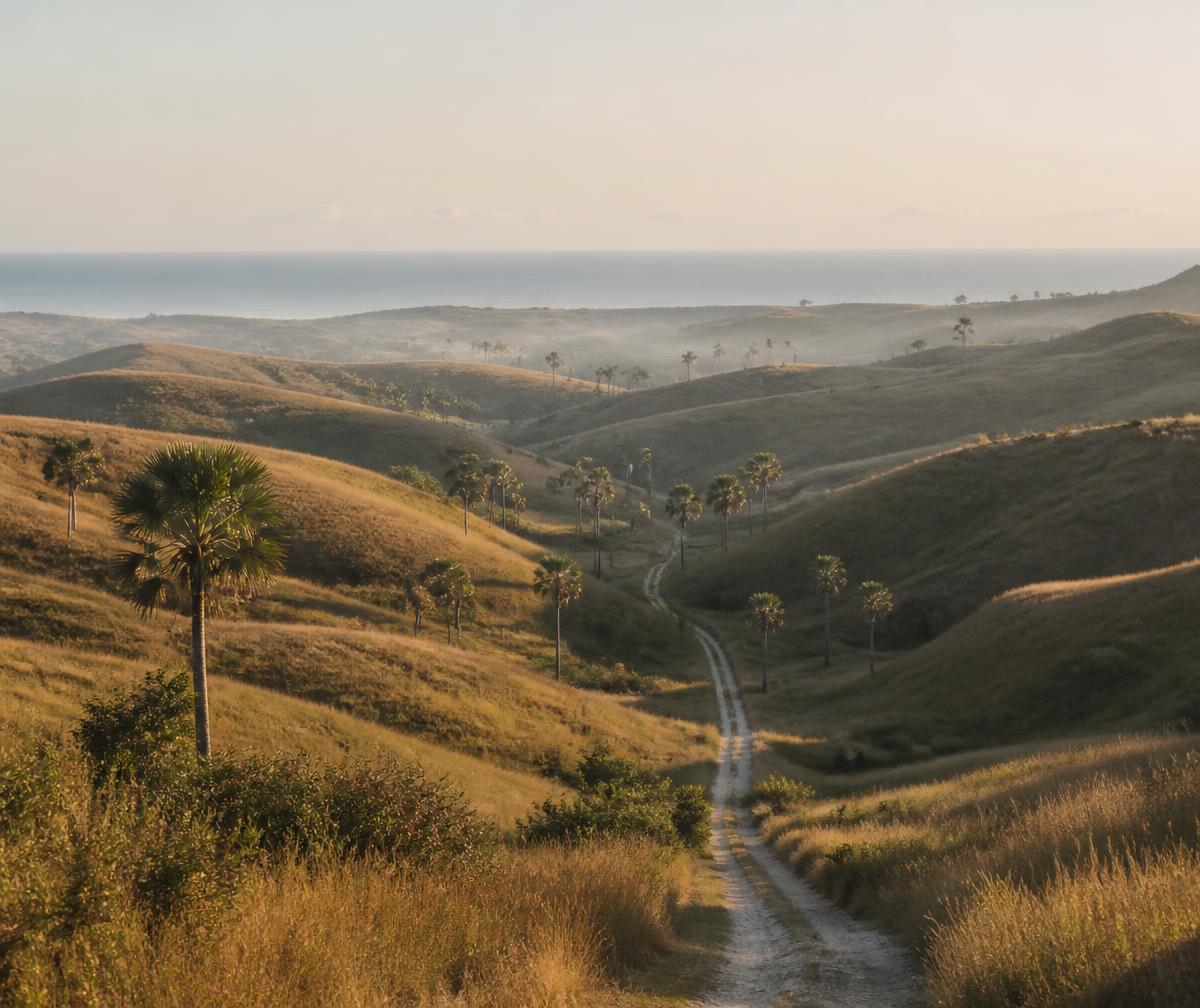 Rolling dry grassland hills of Sumba at sunrise with scattered palms, a dirt track and the ocean on the horizon