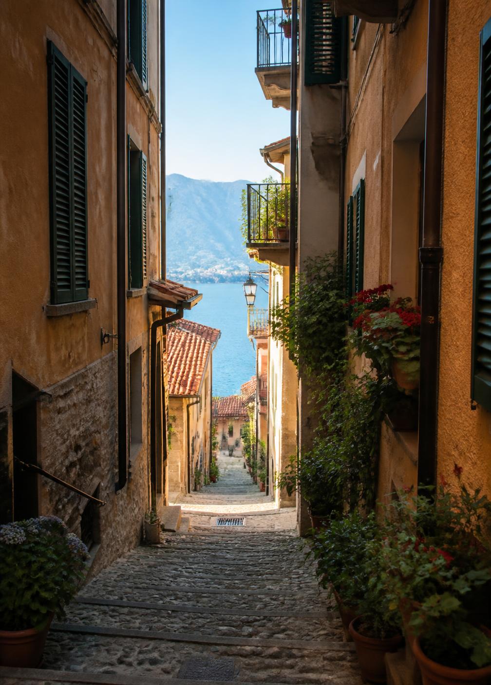 Narrow cobbled stepped street in Varenna with ochre walls, green shutters and a glimpse of Lake Como