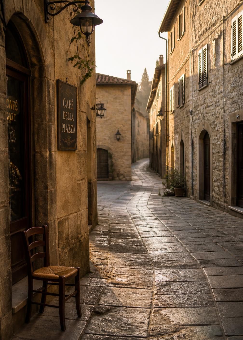 Narrow stone street in a small Chianti village at early morning with a wooden chair outside a café