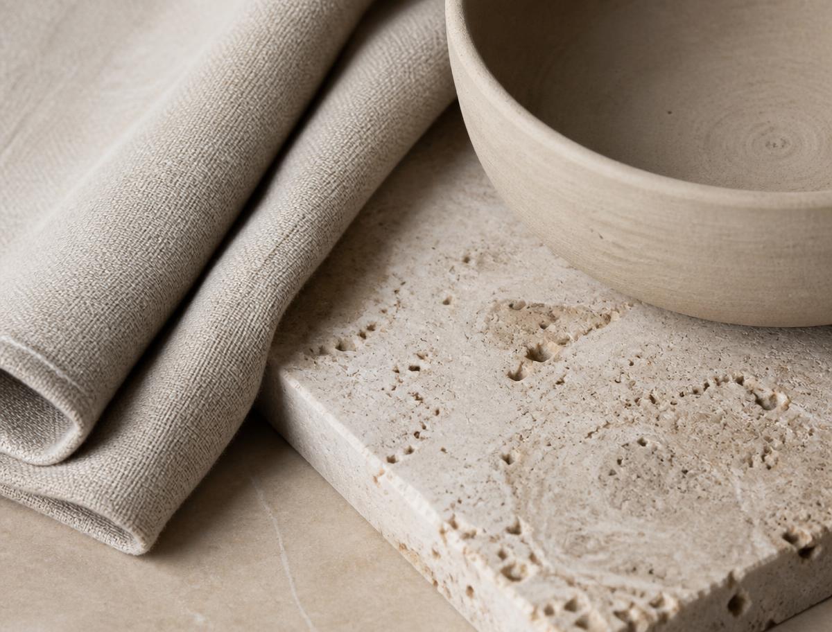 Folded raw linen beside a travertine slab and an unglazed ceramic bowl