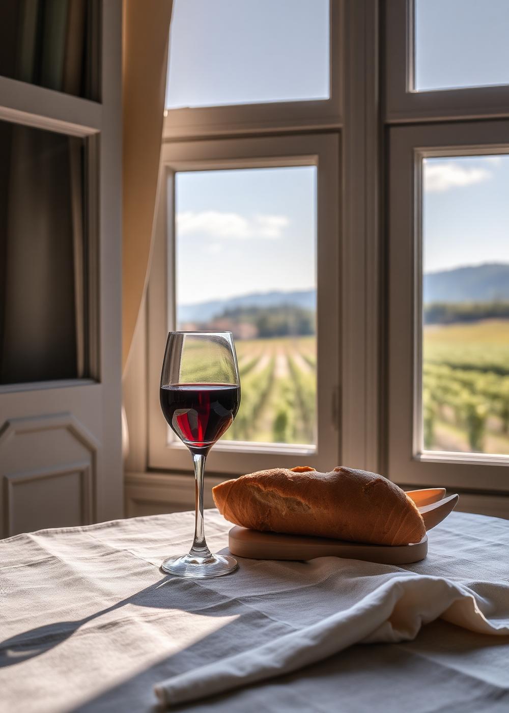 Glass of red wine and bread on a linen table beside a window onto vineyards