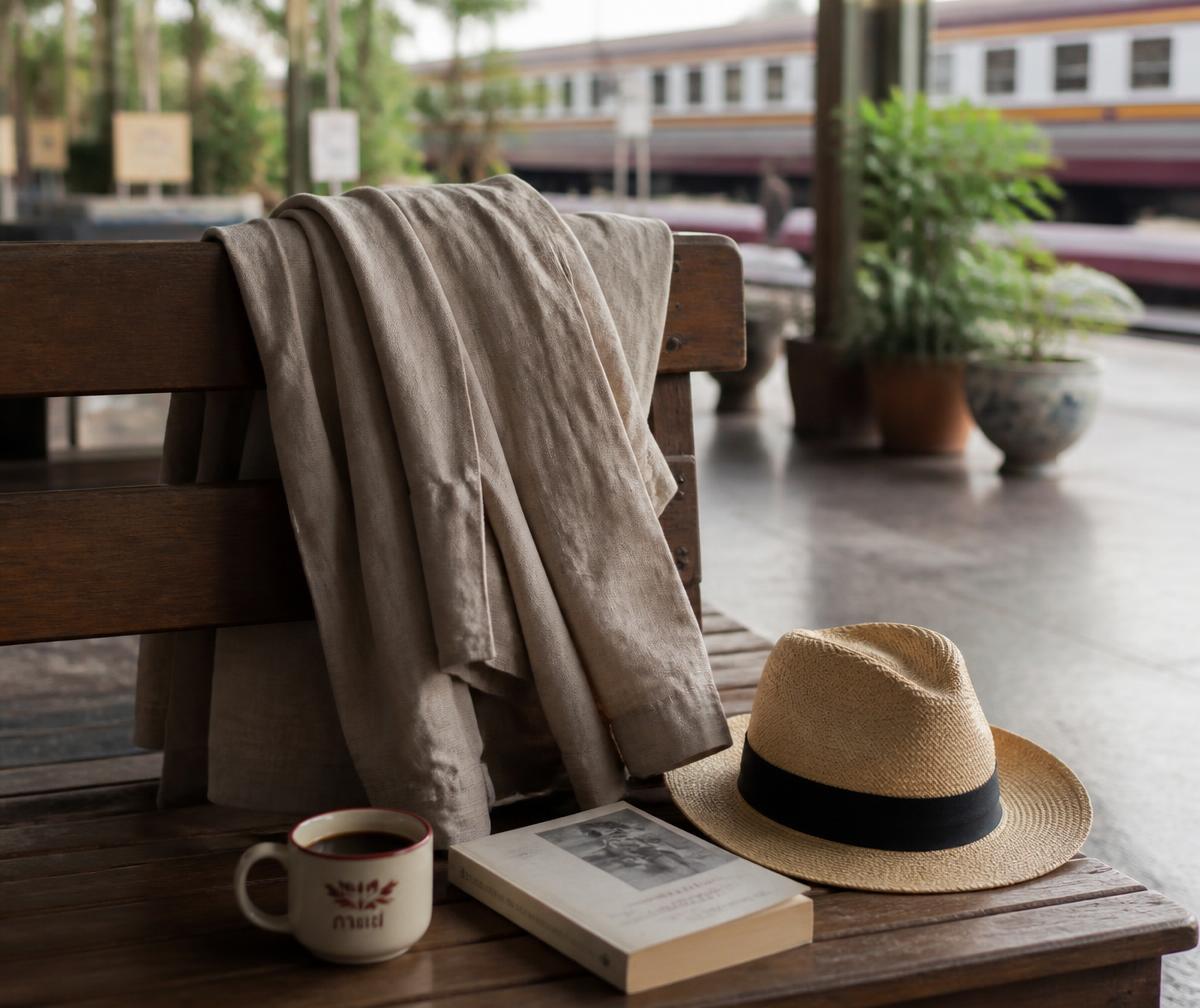 A linen jacket, straw hat, paperback and cup of coffee resting on a teak bench in a tropical Asian railway station