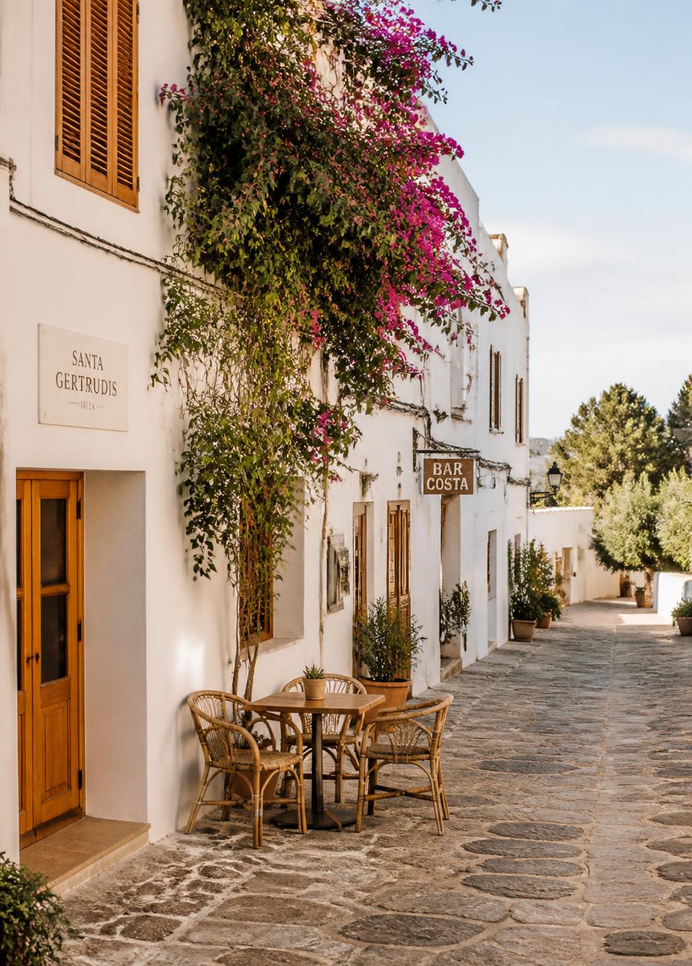 Whitewashed village street in Santa Gertrudis with bougainvillea, wooden shutters and empty cafe chairs in morning light