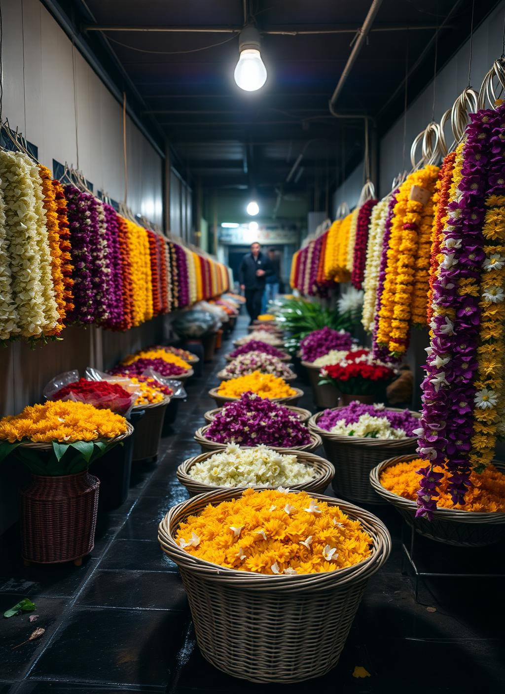 Bangkok flower market before dawn with garlands of jasmine and marigold in woven baskets under a single warm bulb