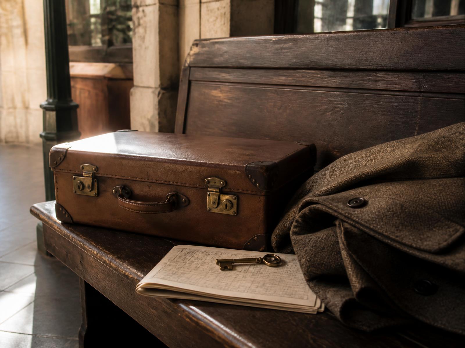 A leather suitcase, folded wool coat, paper timetable and brass key resting on a wooden bench in a historic railway station