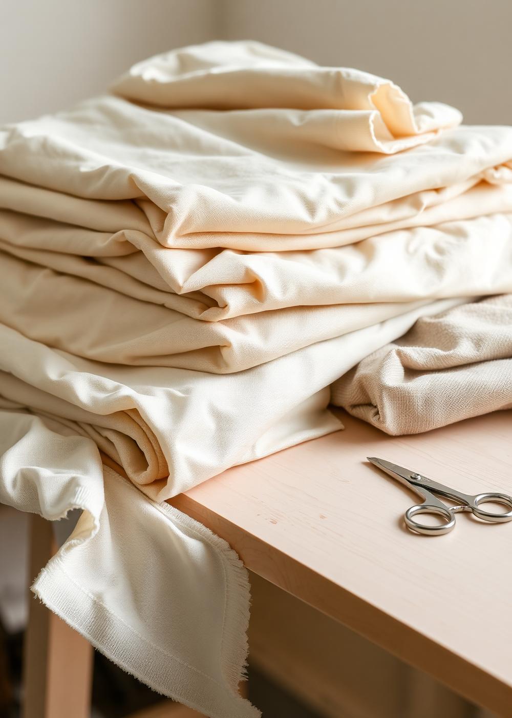 Folded ivory silk and linen fabrics stacked on a pale wooden atelier table beside tailor's scissors