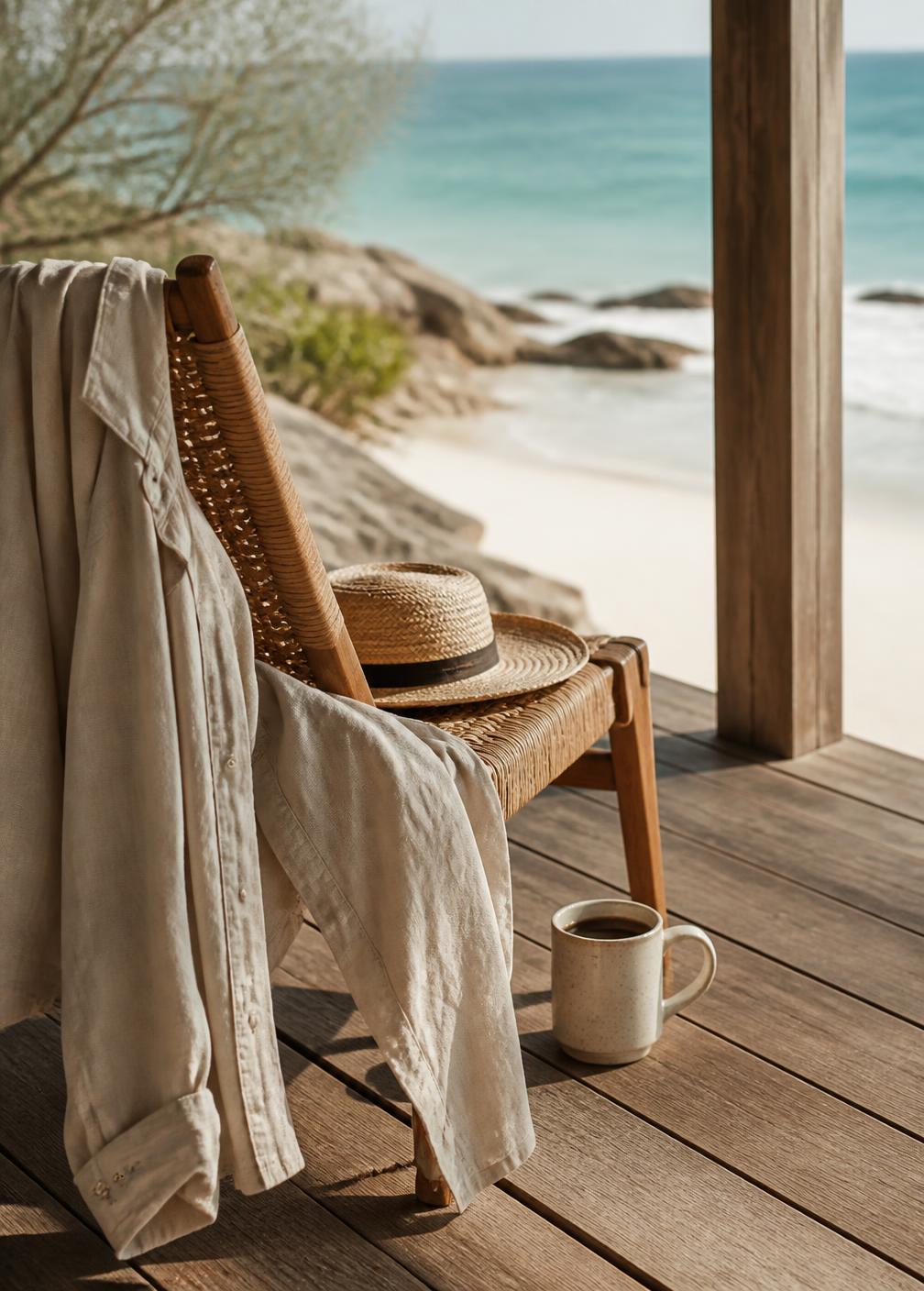 Linen shirt over a rattan chair with a straw hat and ceramic coffee cup on a timber deck above white sand