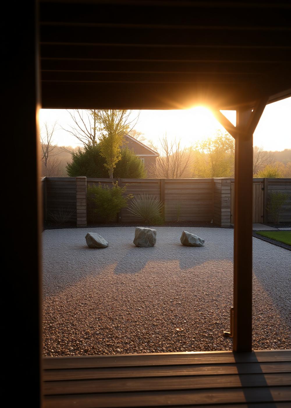 Raked gravel garden with three stones and long shadows at sunrise seen from a timber veranda