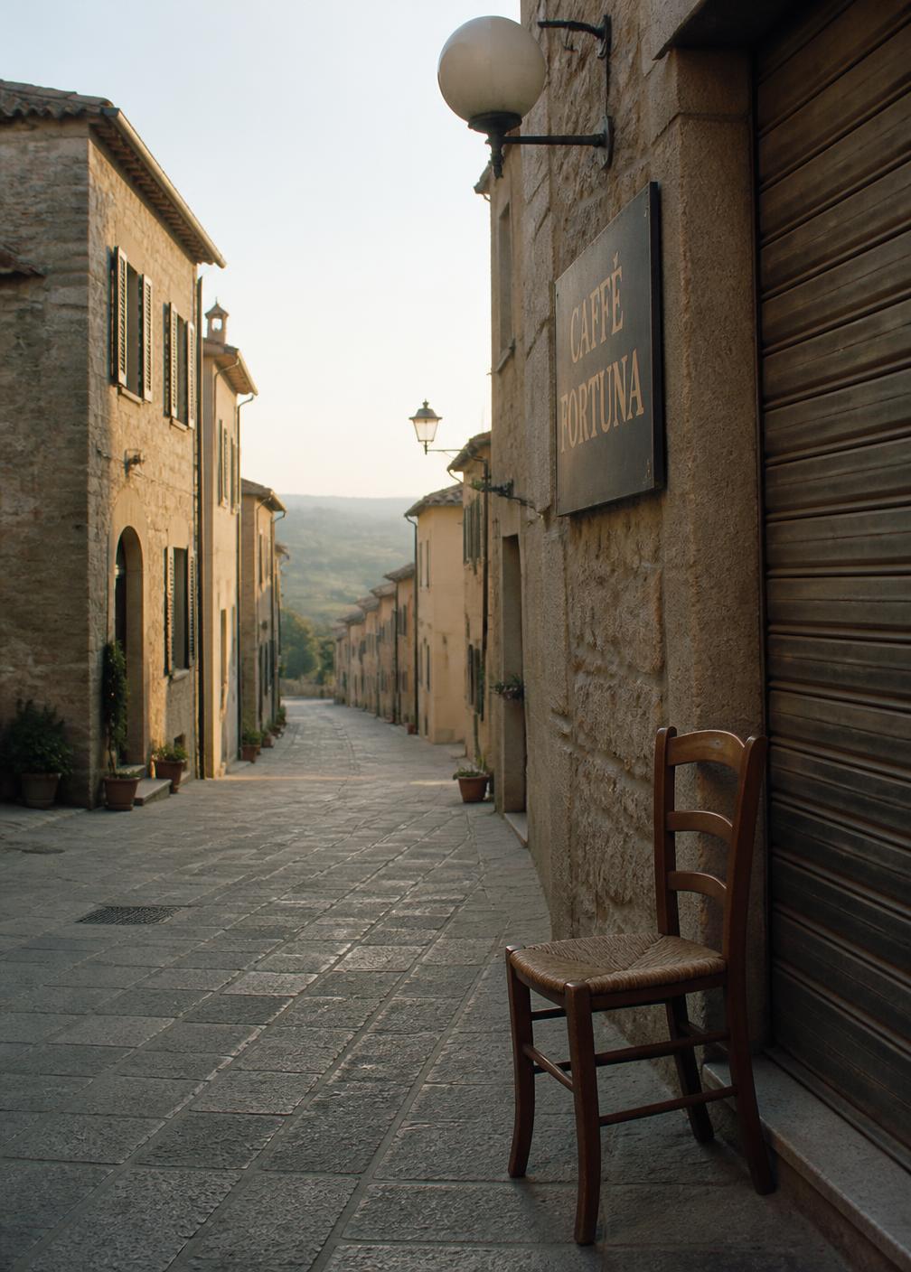 Narrow stone street in Montalcino at early morning with a wooden chair outside a shuttered café