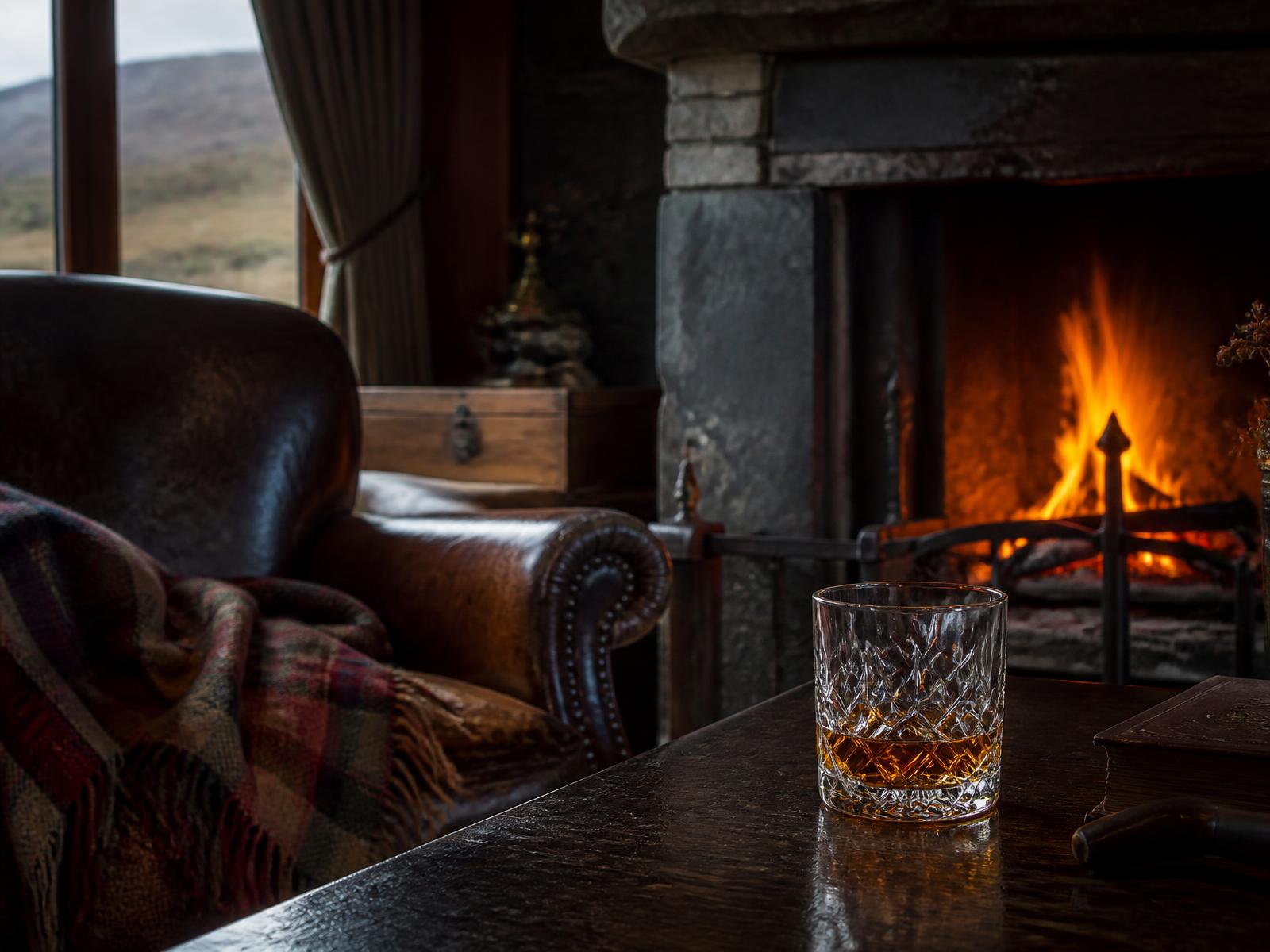 Ein geschliffenes Kristallglas mit Single Malt Whisky auf einem dunklen Eichentisch neben einem offenen Kamin in einer Highland-Lodge