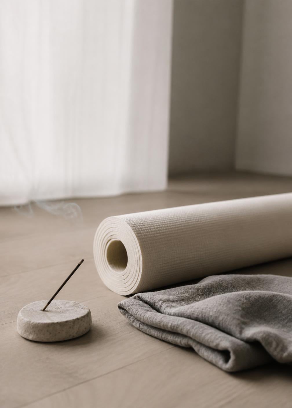Rolled cotton mat, folded grey towel and a stone incense holder on a pale timber floor