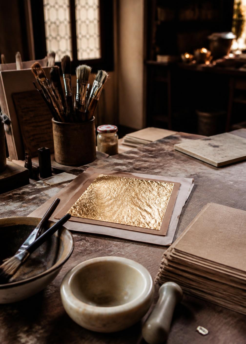Artisan workshop table with gold leaf, worn brushes and a marble mortar in dusty warm light