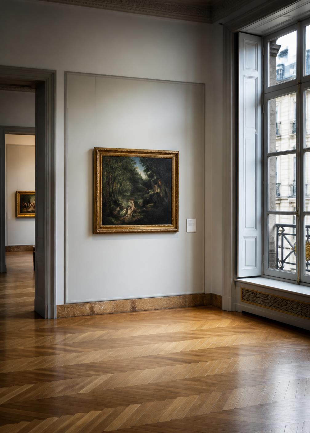 Quiet gallery room in a Paris museum with herringbone parquet, a single framed painting and daylight from tall windows