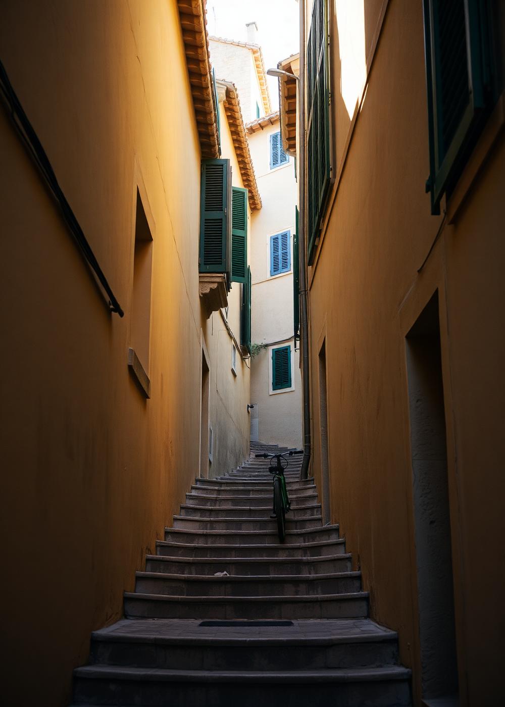 Narrow stepped street in the old town of Pollença with shuttered windows in early morning light