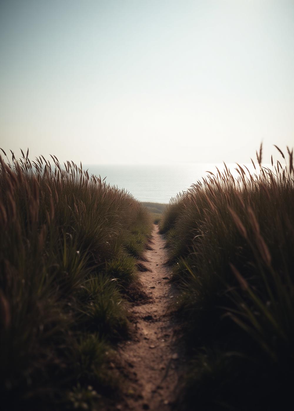 Narrow sunlit path through tall grass leading toward a hazy sea at dawn