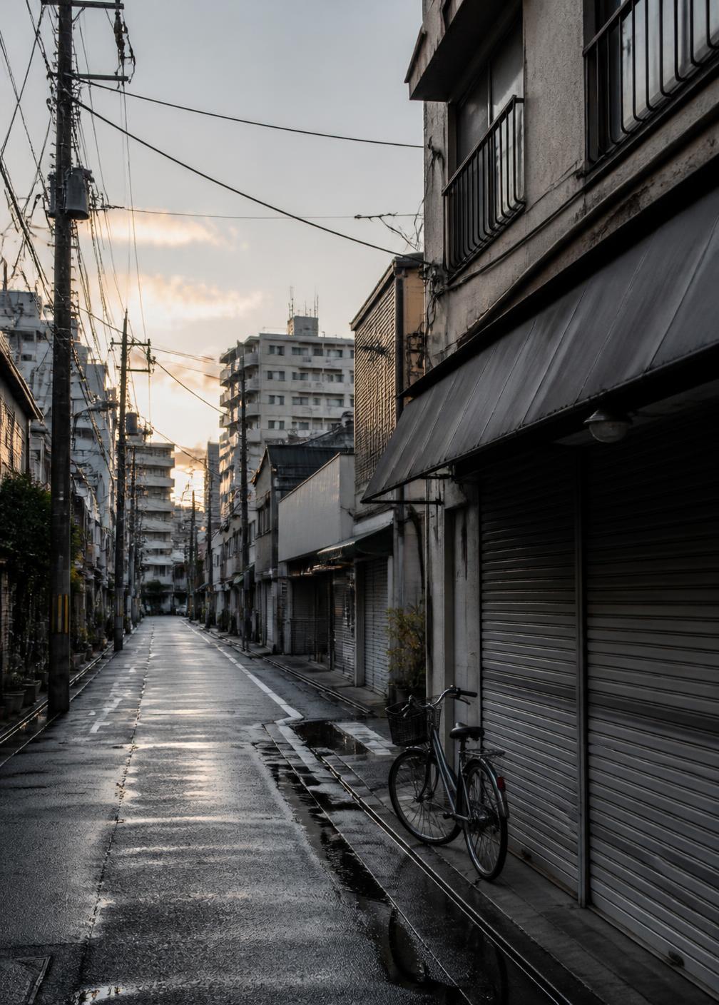 Quiet Tokyo back street at dawn with wet asphalt, a shuttered shopfront and a single bicycle