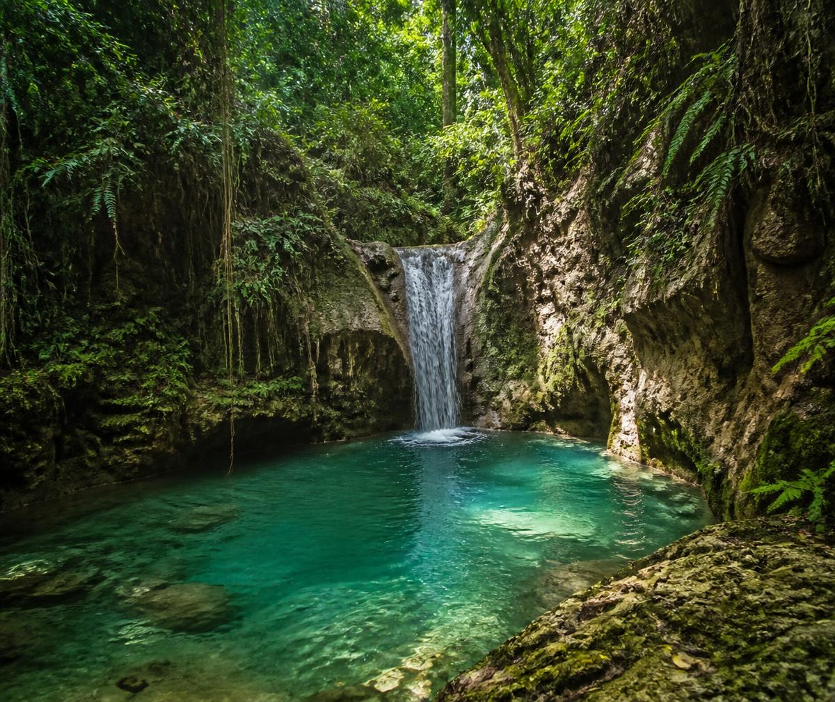 A hidden turquoise waterfall pool in the jungle interior of Sumba with limestone rock and ferns