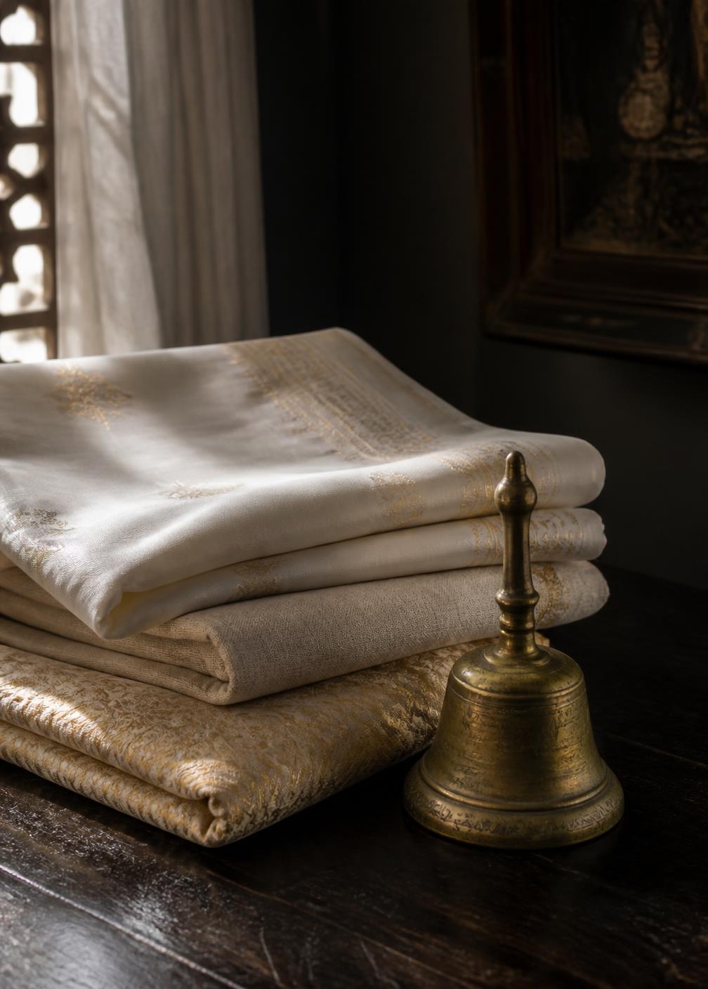 Folded cream and gold silk textiles on a dark wooden table beside a brass hand bell