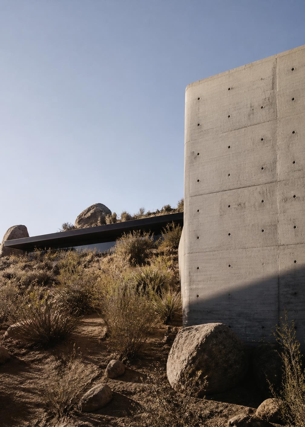 Raw concrete wall meeting desert scrub with a long horizontal roofline barely visible in the landscape