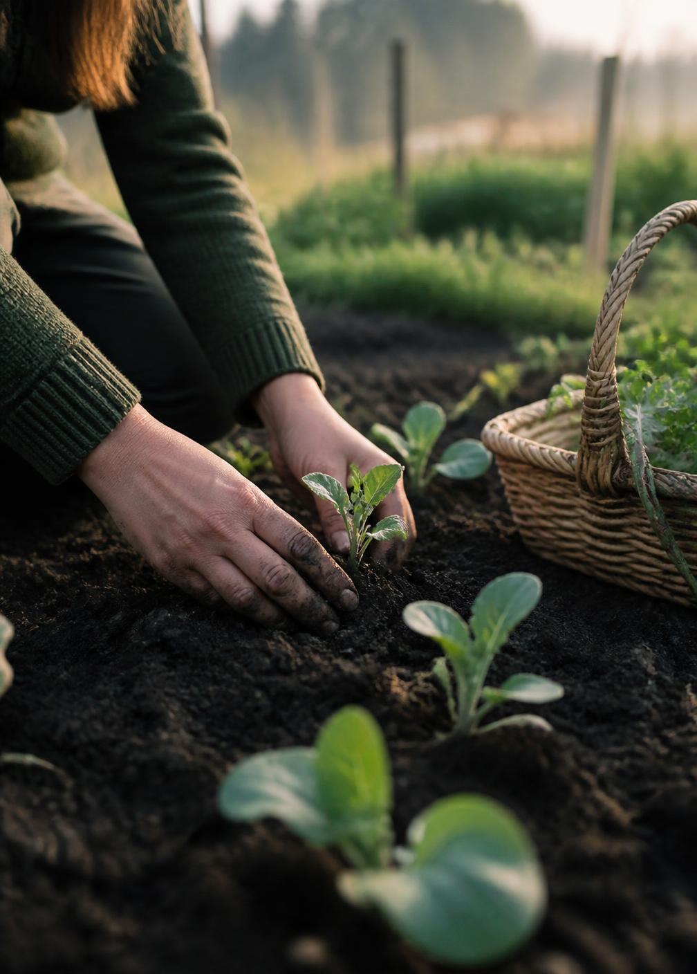 Hands planting young vegetable seedlings in dark soil in an organic garden at dawn