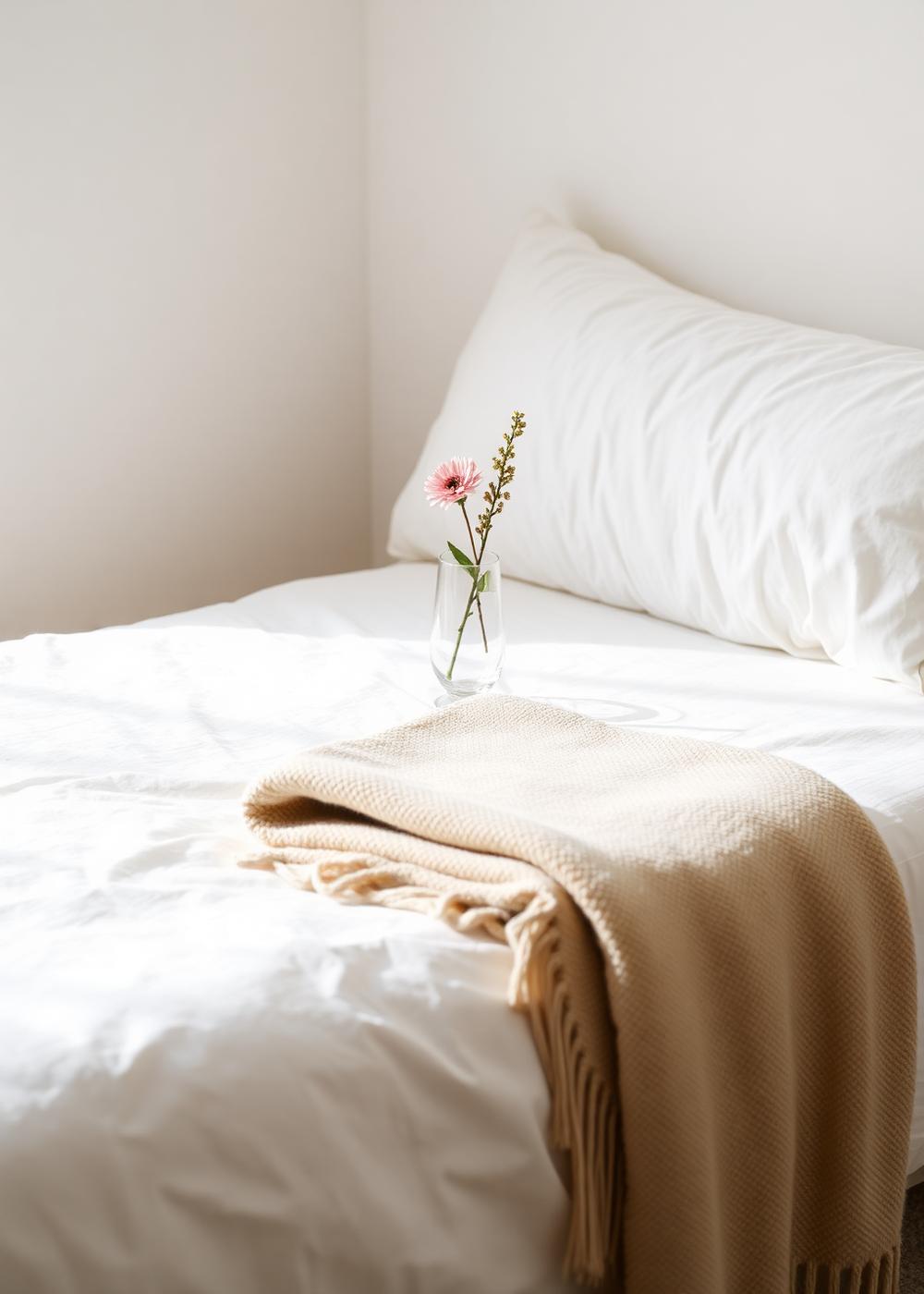 Turned-down bed corner in white linen with a folded wool throw and a single stem in a glass