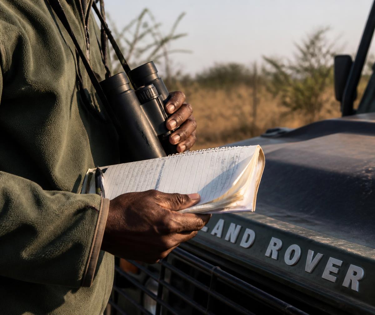The hands of a field ranger holding a notebook and binoculars beside a Land Rover bonnet in the African bush