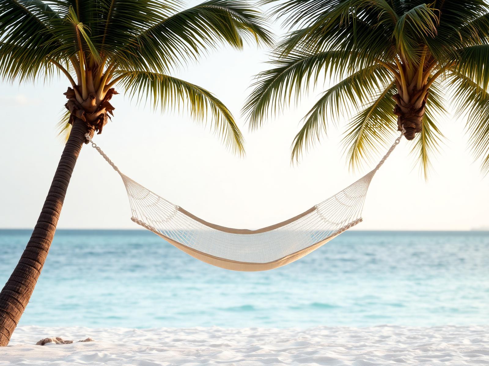 An empty linen hammock strung between two palms above white Caribbean sand