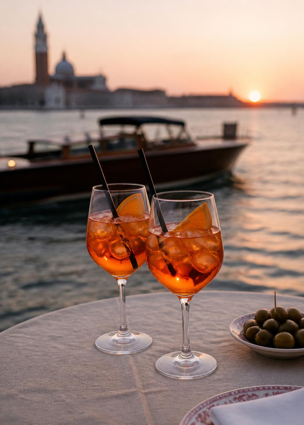 Two aperitivo glasses on a linen table beside the Venetian lagoon at dusk with a wooden boat behind