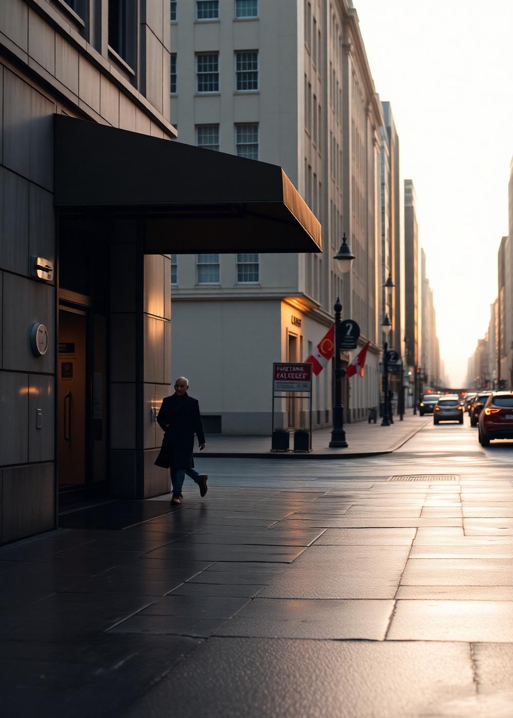 Quiet city street at dawn with wet pavement, an awning and a single figure walking