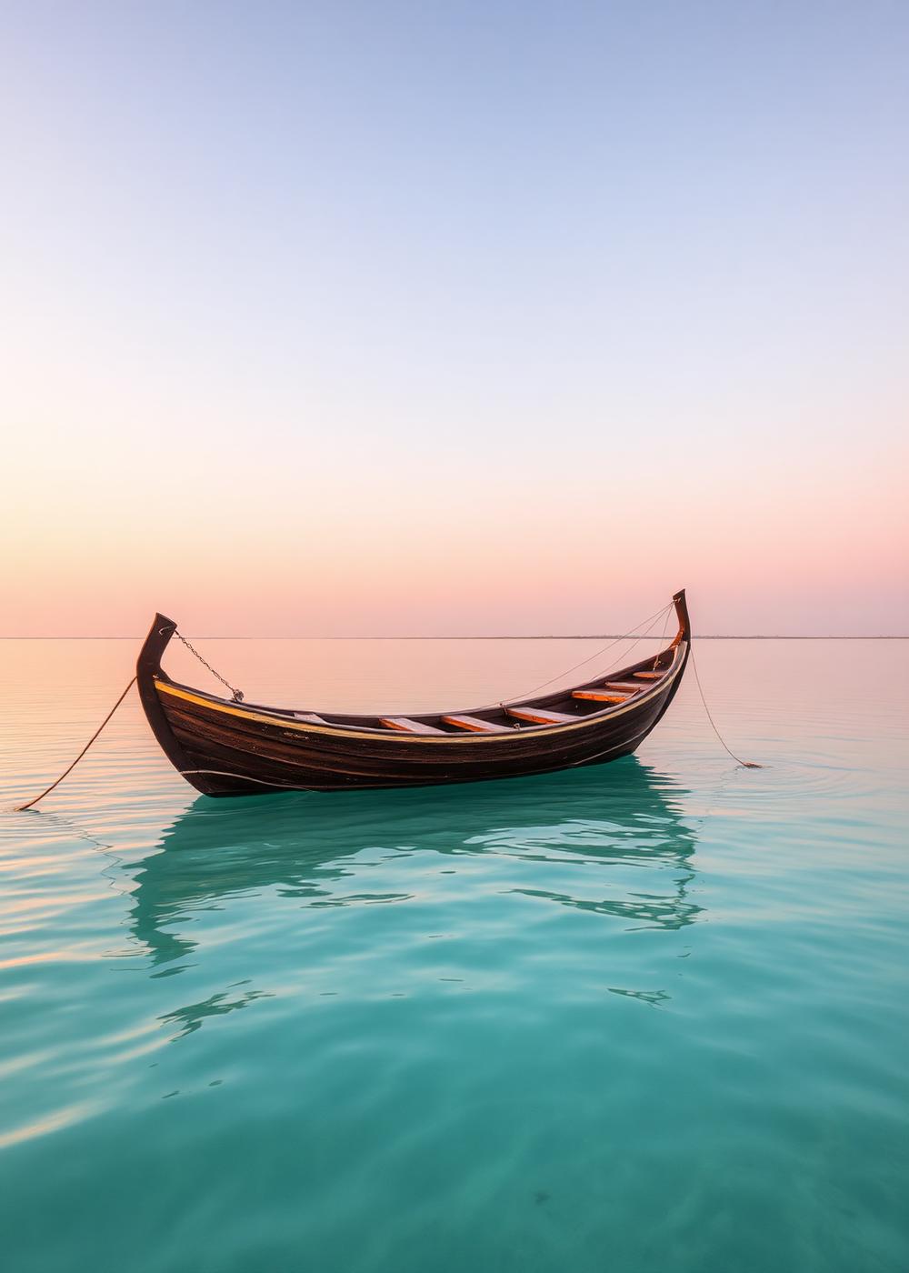 Empty wooden boat moored in shallow turquoise water at sunrise with soft reflections