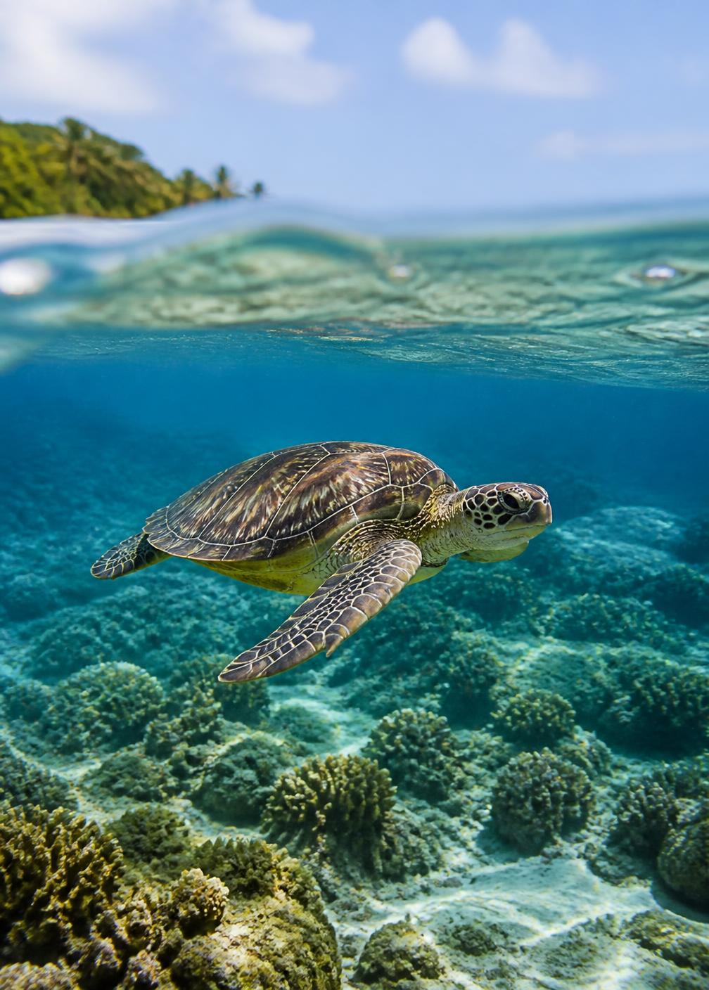 A green sea turtle gliding above a coral reef in clear turquoise Indian Ocean water
