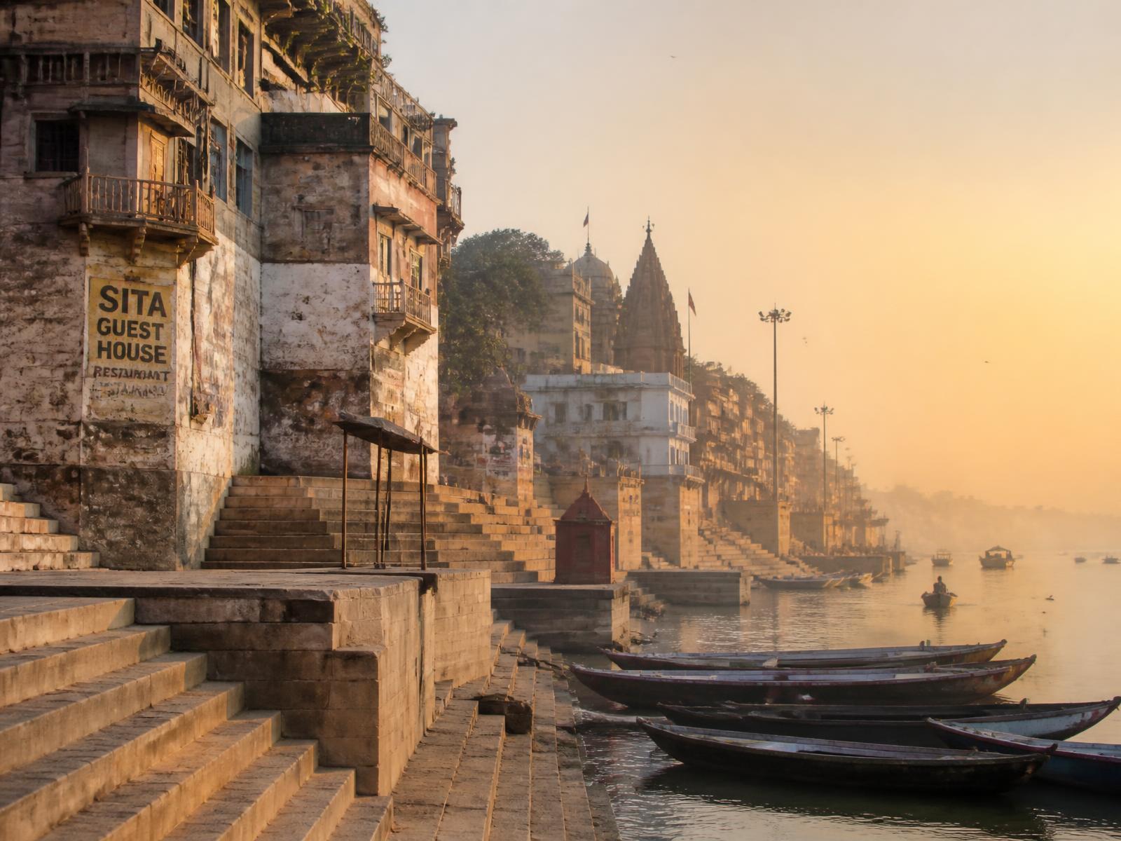 The stone ghats of Varanasi at sunrise with wooden boats on the Ganges and golden haze over the river