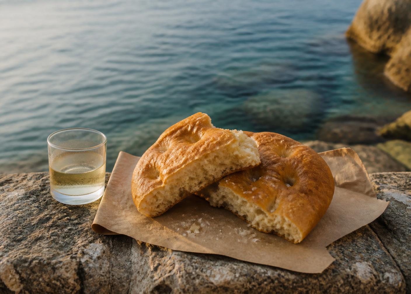 Torn fresh Ligurian focaccia on brown paper with coarse salt and a small glass of chilled white wine on a stone ledge above the sea