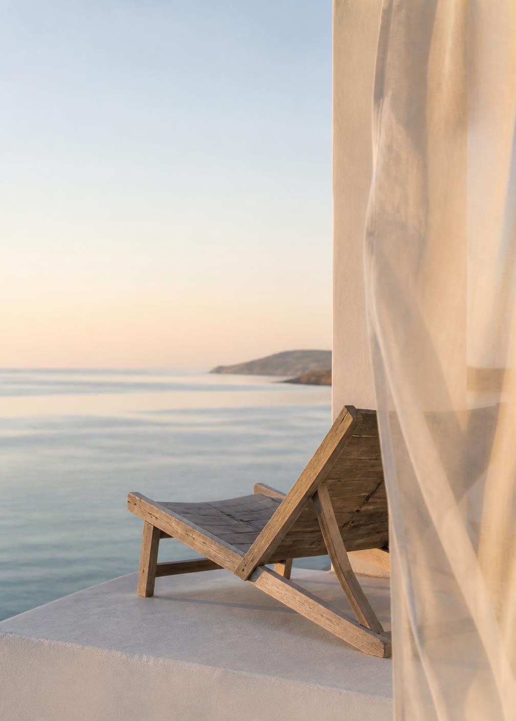 Weathered timber lounger on a white terrace above a still sea at sunrise with a drifting curtain