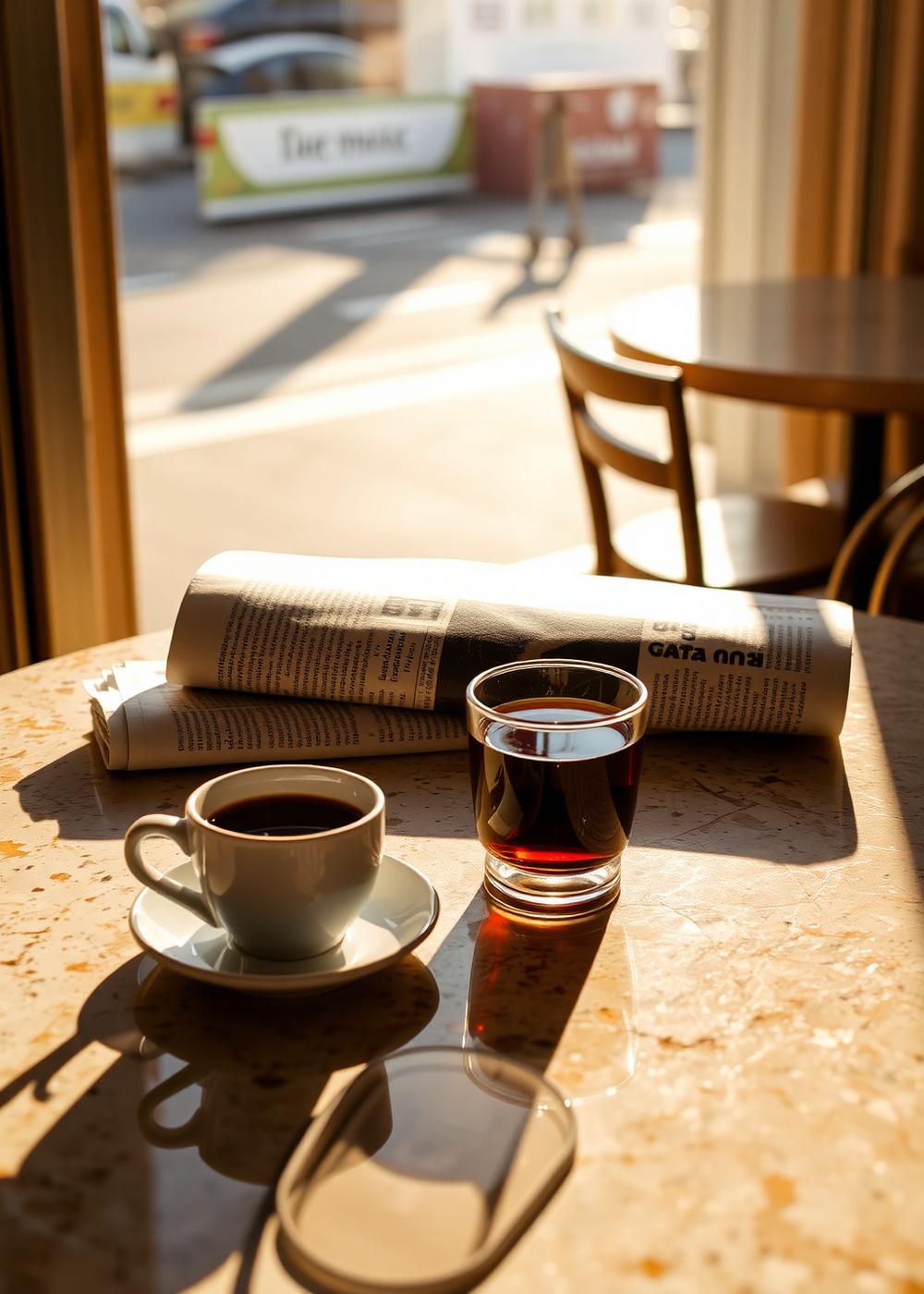 Espresso cup and folded newspaper on a travertine café table in early morning sun