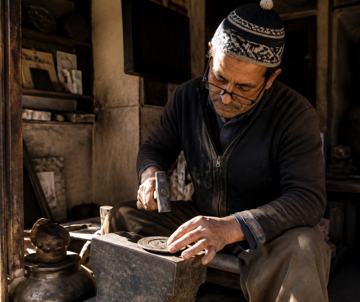 A Moroccan artisan working brass by hand in a dim medina workshop lit by a shaft of daylight