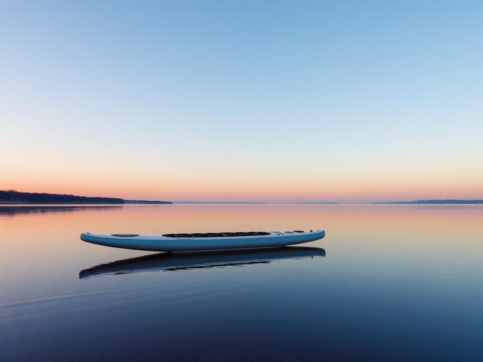 A solitary paddleboard resting on glassy still water at sunrise near a quiet shoreline
