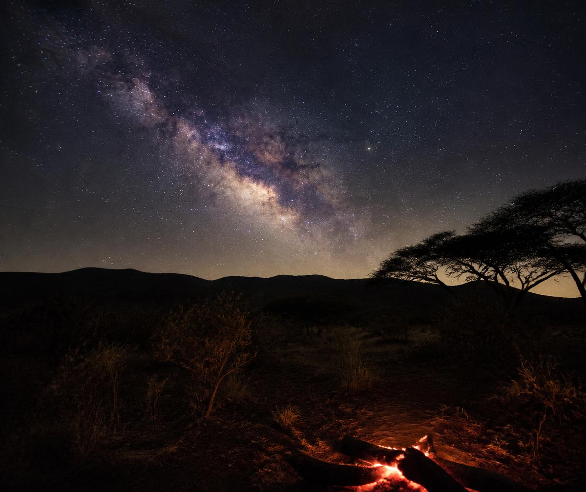 The Milky Way over the silhouetted Lebombo hills and acacia trees with a faint campfire glow in the foreground