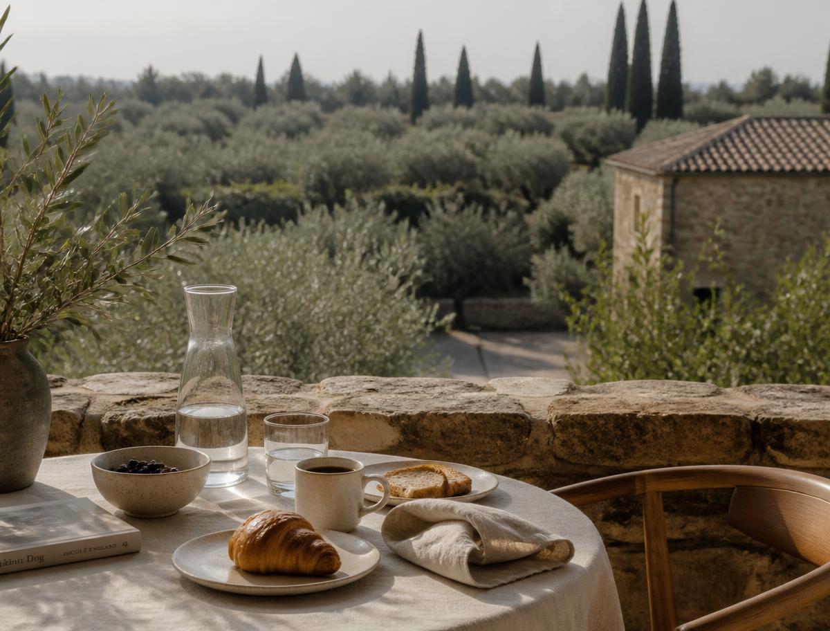 Breakfast laid on a stone terrace table overlooking olive groves in morning light